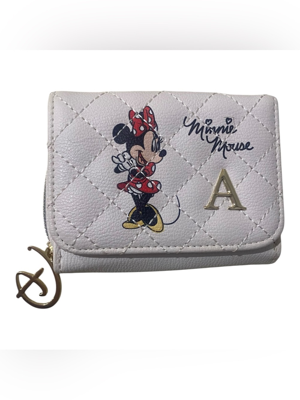 Disney Minnie Mouse Quilted Off White Wallet with Gold 'A' Accent